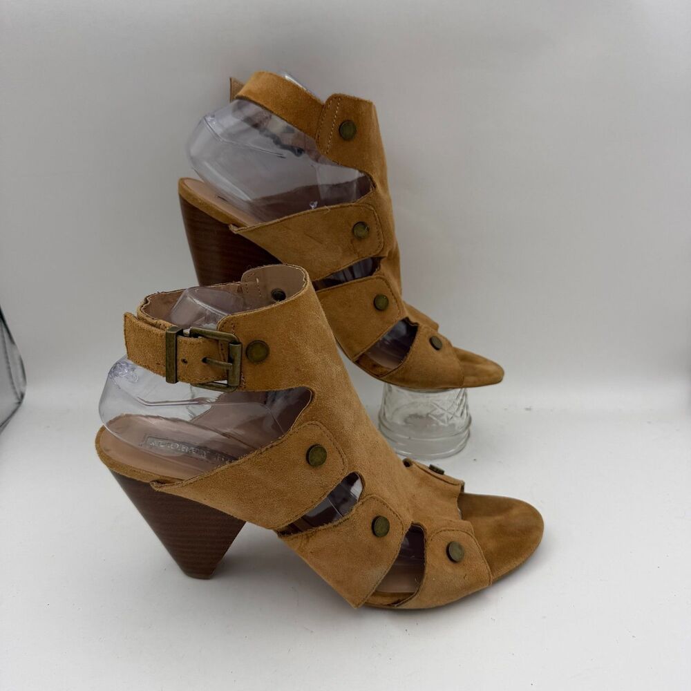 Audrey Brooke Women's Size 10 Tan Suede Cutout Cone Heel Sandals Ankle Strap Lea